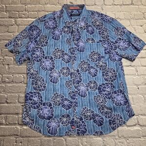 Tommy Bahama Shirt Men's XL Blue Geometric Hawaiian Camp Casual Button